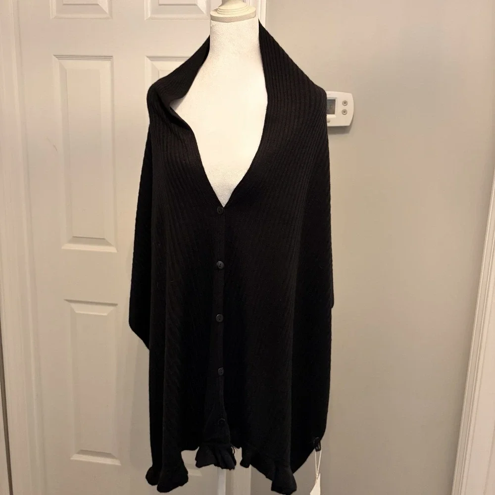 Accent Ribbed Knit Cardigan Poncho Ruffled hem Functional Buttons Draped Wrap